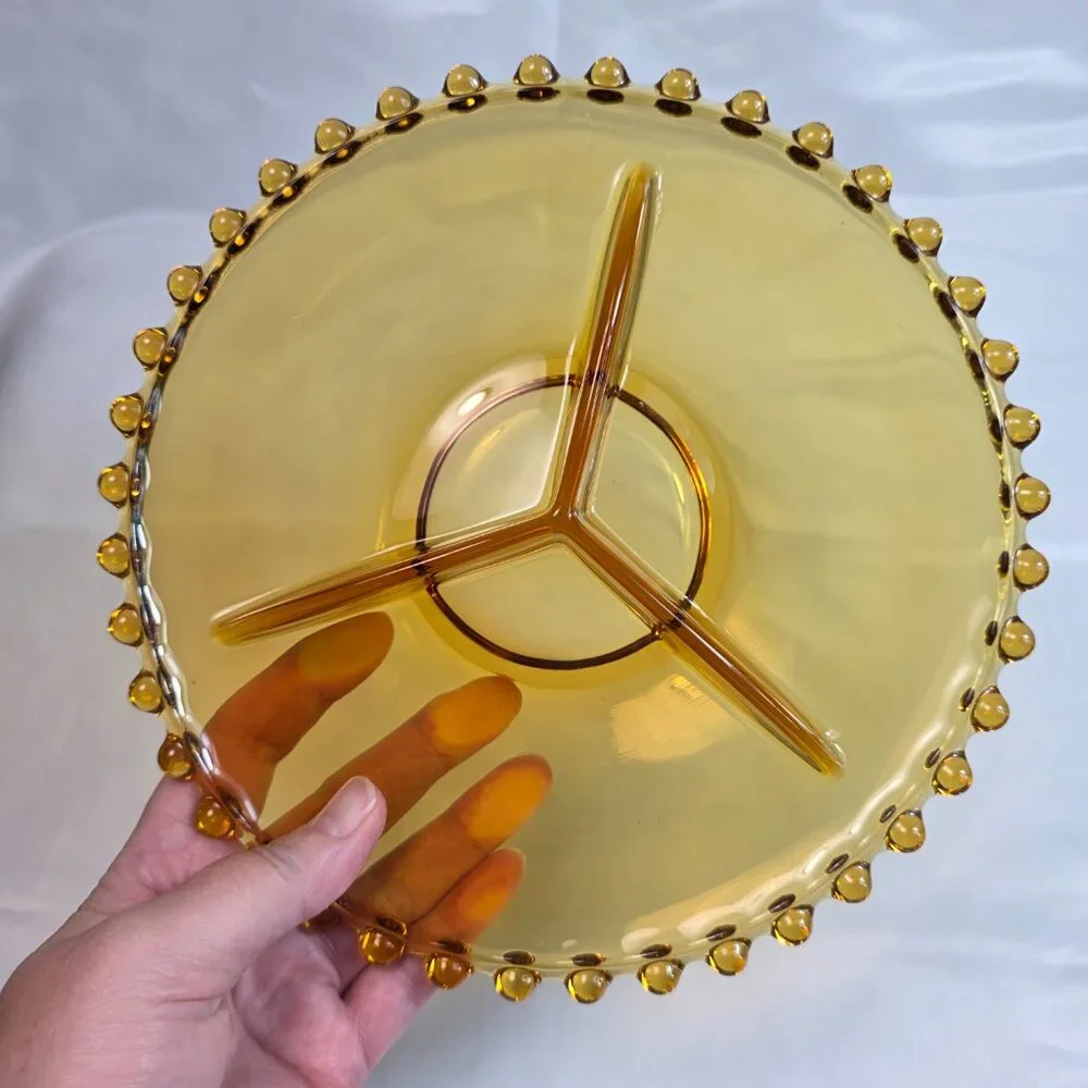 Vintage Amber Three Part Divided Relish Dish Platter Candlewick Style Edge